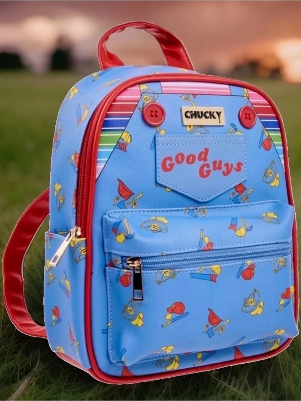 NEW w Tags Child’s Play Good Guys CHUCKY Horror Movie Denim Overalls Backpack